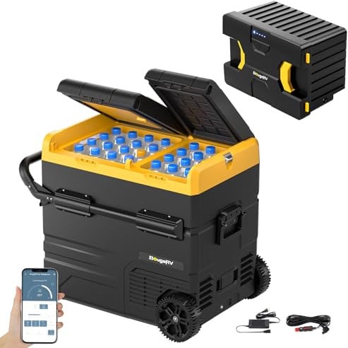BougeRV CRD 55L Kompressor Kühlbox mit Akku, Kühlschrank Auto Doppeltür Doppelzone 12V 24V 230V mit Batterie 173Wh (4-10 Stdn. Laufzeitverlängerung) Netzteil für Kühlbox Auto Camping