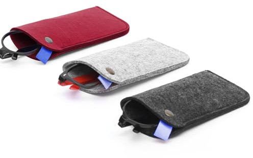 Pebipoo 3 Stück Nylon Brillenetui Weich, Filz Sonnenbrillen Etui mit Schnapp-Verschluss, Tragbar Brillentasche für Damen und Männer (Schwarz Grau Rot)