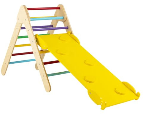 HOMASIS 3 in 1 Kletterdreieck Indoor, Klettergerüst mit 2-seitiger Rampe, verstellbar Kletterspielzeug Kinder Klettern Holz, Kletterleiter Sprossendreieck Spielplatz, Kletterbogen ab 1 Jahren (Natur)