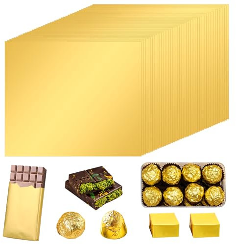 Lot de 100 feuilles d'emballage en feuille d'or pour bonbons - 19 x 16 cm - Grands emballages en feuille d'aluminium avec dos en papier épais pour chocolat de Dubaï, mariage, anniversaire, bonbons