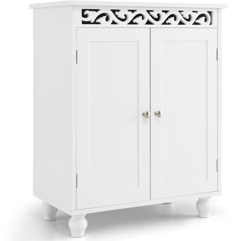 COSTWAY Bathroom Floor Cabinet, Freestanding Storage Cupboard with Double Doors and Adjustable Shelf, Solid Wood Legs Side Cabinet Bathroom Unit Organizer for Living Room Entryway, 60x35x76cm, White