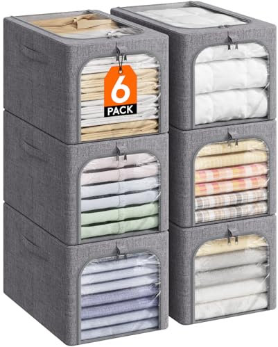 Lifewit 6 Stück Kleideraufbewahrungsbehälter mit Metallrahmen, Faltbare Aufbewahrungsbox mit Deckel, 40L Stapelbare Aufbewahrungsbeutel Stoffbehälter Organizer mit Klarsichtfenster, Robuste Griffe