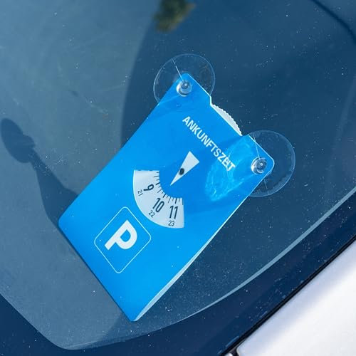 Parkscheibe mit Saugnäpfen, 2 Stück, in Blau, aus Pappe, doppelseitig einstellbar, Parkuhr mit ANKUNFTSZEIT, für Auto, LKW, Wohnmobil, Parking Disc, Parkscheiben, Parkkarte mit Saugnapf Befestigung