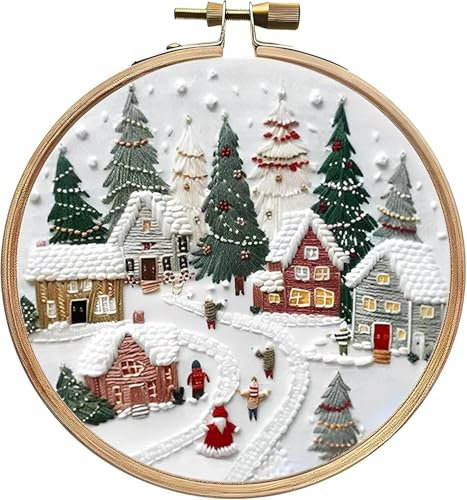 Stickerei Set Anfänger, Stickerei Kits Weihnachten Weihnachtsdeko, Kreuzstich Anfänger Set, Kreuzstich Starter Kit mit Muster, Stickrahmen, Farbfäden und Werkzeuge, DIY Kunst Handwerk Nähen (A)