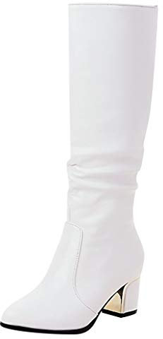 Stivali da donna con tacco elegante, in pelle, con tacco a blocco, a gambo lungo, sopra il ginocchio, in pelle PU, a mezza altezza, bianco, 41