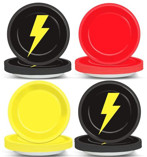48 Pcs Cartoon Game Birthday Paper Plates for Cartoon Theme Party Supplies 7 In Red Black Yellow Dinner Dessert Tableware Set Disposable for Kids Baby Shower Lightning Bolt Birthday Party Decorations