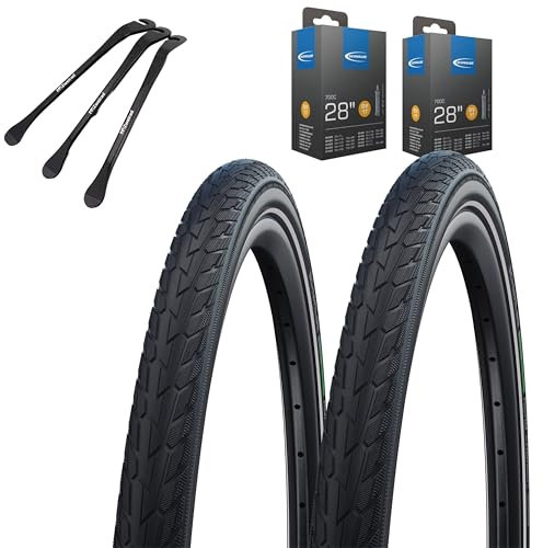 Schwalbe Road Cruiser Fahrradreifen Schwarz Reflex 28 x 1,60 Zoll (42-622) + AV | DV | SV + MSZweirad Reifenheber (DV-Ventil Schläuche, 28x1,60 Zoll (42-622))