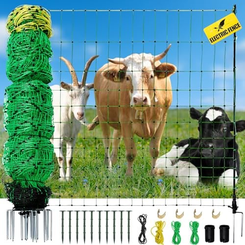 Elektrozaunnetz, 400 cm L x 108 cm H, beweglicher Bauernhof, Tiernetze für Schafe, Schweine, Rinder, PE-Netz, Set mit 14 Pfosten, Doppelspitzen, Elektrozaun für Hinterhöfe, Heimköpfe, Bauernhöfe