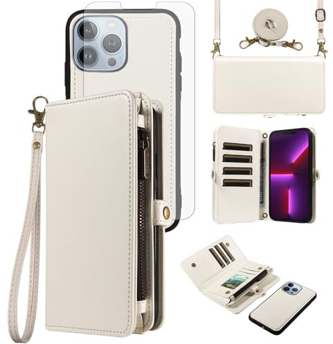 Phone Case for iPhone 13 Pro Max 2021 6.7 inch Zipper Wallet Detachable Cover with Screen Protector Crossbody Lanyard Strap Flip Card Holder Slot iPhone13promax 5G i Plus iPhone13 ProMax White