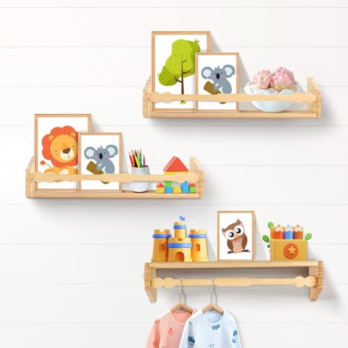 comfoyar Floating Nursery Book Shelf for Wall, Set of 3 Soild Wood Wall Mounted Bookshelf for Kids, Hanging Nursery Shelves and Spice Rack, Decor for Livingroom Bedroom Kitchen Bathroom, Natural