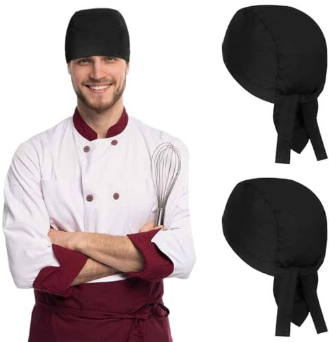 AFCJLTO 2 Stück Kochmütze Küchenmütze Elastische Kochmütze Chef Kochhut aus Baumwolle Poly Kopfbedeckung für Männer Frauen Kochen, Schwarz