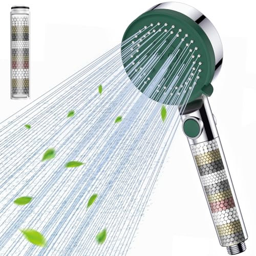 Gritin Pommeau de Douche 5 Modes avec Bouton D'arrêt D'eau, Douchette à Main Haute Pression Économe en Eau et Anticalcaire avec Filtre, Pommeau de Douche G1/2 Pouces pour Salle de Bain,Vert foncé