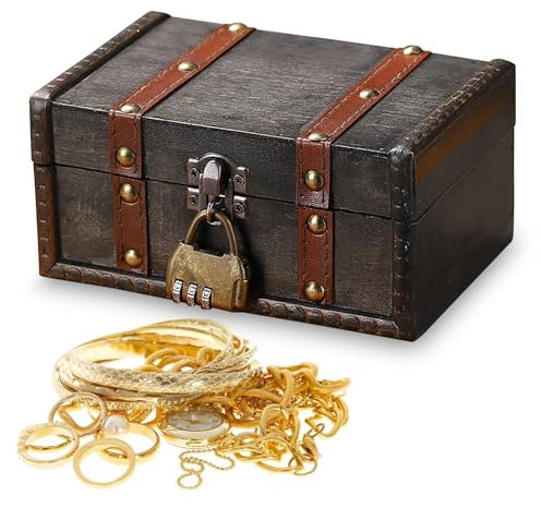 Cofre Pirata, Caja con Candado Cajas de Madera Vintage, Caja de Almacenamiento de Madera para Regalo, Cofre Madera con Candado Numerico para Decoración y Almacenamiento(16,7 x 11 x 8 cm)