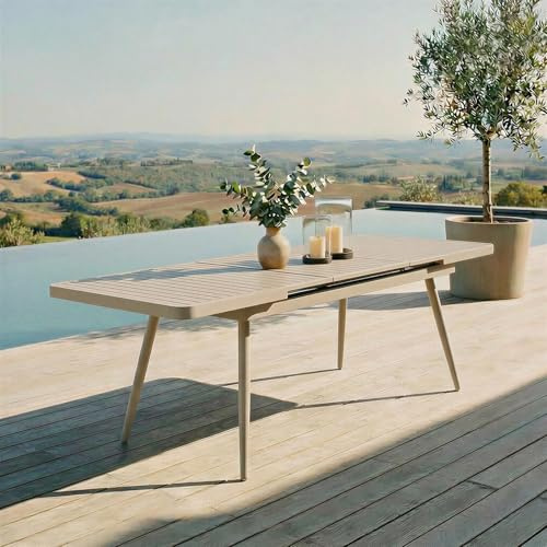 Gartentisch Sunny ausziehbar 180–240 cm, Champagner – großer Tisch mit integrierter Verlängerungsplatte aus pulverbeschichtetem Aluminium UV-beständig pflegeleicht für Terrasse Balkon Garten