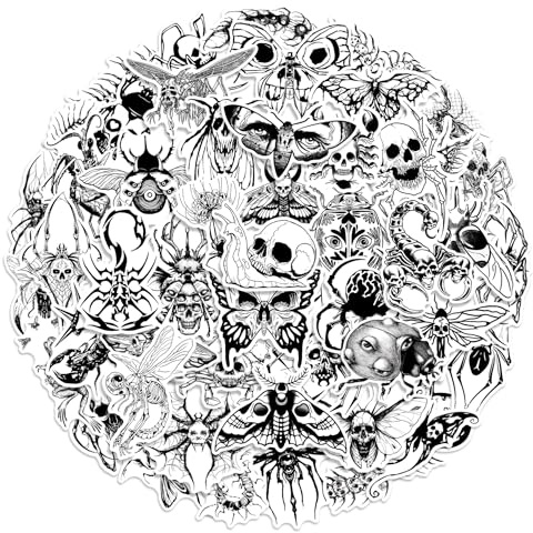 50 Pcs Gothic Insect Stickers Laptop Car Scrapbook Phone Skateboard Suitcase Luggage Bike Black and White Vinyl Waterproof Aesthetic Personalised Stickers for Teens Boys Girls Adults