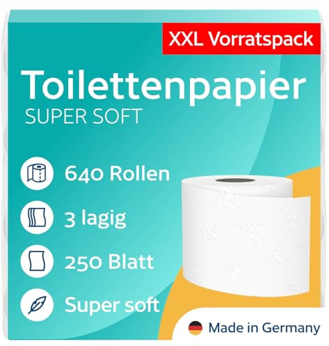 640 Rollen Toilettenpapier 3-lagig – 250 Blatt pro Rolle – 100% Zellstoff – Made in Germany – 80 x 8 Stück - für Zuhause, Gewerbe, Industrie, Hotels, Gastronomie