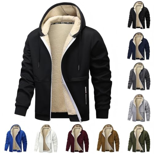 XCXC Herren Fleecejacke mit Kapuze und Reißverschluss Männer Einfarbige Gefütterte Winterjacke Kapuzenjacke mit Kordelzug Taschen Sweatjacke Freizeitjacke für Alltag