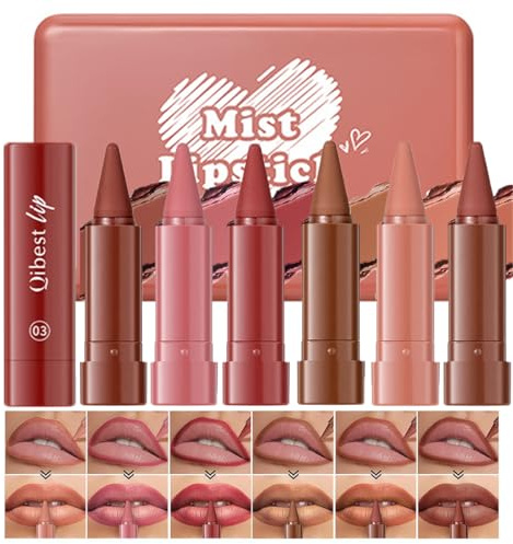 Baorder 6 Colors 2 in 1 Gradient Lip Liner Lipstick Lip Combo Set,Matte Nude Brown Red Velvet Lip Liner Pencil,High Pigmented Long Lasting Natural Lip Pencil Crayon Makeup