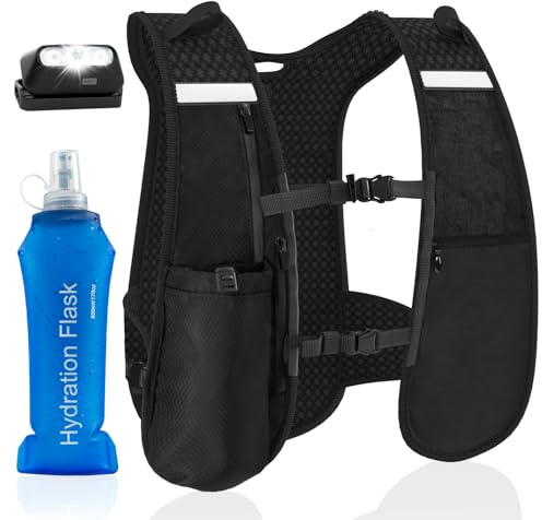 GGIE Running Vest for Women Men - Functional Hydration Pack with Light and Phone Pouch, Adjustable Reflective Vest Backpack with 500ml Water Bottle for Outdoor Sports Activities