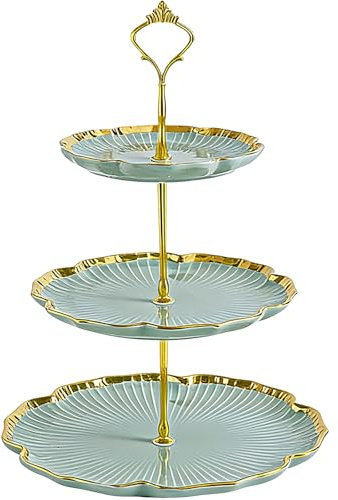 3 Tier Porcelain Cake Stand, Round Dessert Cupcake Stand with God Rod, Ceramic Tiered Cake Holder Tower for Tea Party/Birthday/Wedding Serving (Sage Green)