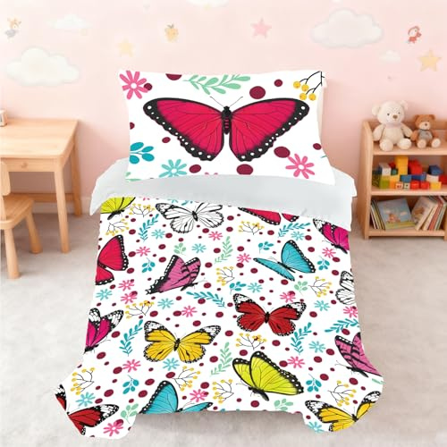 Snugoria Butterfly Cot Bed Duvet Cover Set for Girls, Toddler Bedding Set for Junior/Toddler/Cot Bed, Cartoon Pattern Quilt Cover 120×150 cm and Pillowcase 40x60 cm