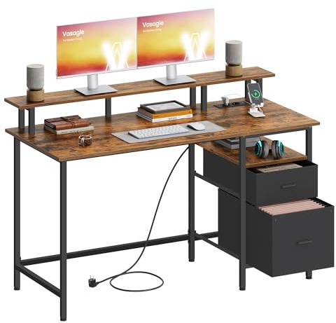 VASAGLE Scrivania per Computer con Cassetti in Tessuto, Supporto per Monitor, Scrivania da Ufficio, 2 Prese AC, 2 Porte USB-A, 140 x 60 cm, Marrone Vintage LWD094K02V1
