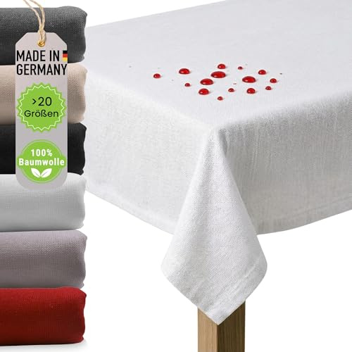 chambry Premium Tischdecke abwaschbar 100% Baumwolle - Handarbeit Made in Germany - robuste hochwertige Tischwäsche - beschichtet wasserabweisend mit Fleckschutz - Weiß 130 cm x 260 cm