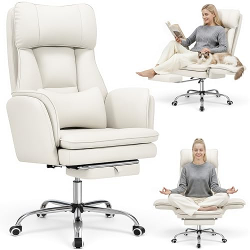 Warmiehomy Big and Tall Office Chair Comfy, Criss Cross Office Chair, White | PU Computer Desk Chairs, Flip Armrests for Pets and Cross Legged, Ergonomic Office Chair with Footrest, Lumbar Support, Wide