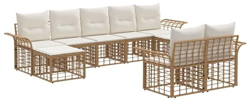 vidaXL Outdoor-Sofagarnitur 9 pcs Natürlich und Cremweiß Polyester, Bequeme Outdoor-Sofa-Garnitur, wetterfest, modulares Design, Flexibler Garten-Lounge, verstellbare Füße