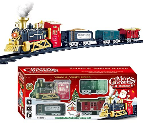 Omquot Christmas Train Set, Electric Steam Locomotive with Realistic Sound and Lights for Under Christmas Tree Decoration Battery Runs Gift for Kids Boys Girls