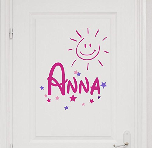 Türaufkleber mit Wunschnamen 73040-29cm-tricolore-pink, Sterne und Sonne fürs Mädchenzimmer, Kinderzimmer Mädchen, Kinderaufkleber, Wandtattoo mit Namen Aufkleber Namensaufkleber