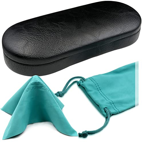 MyEyeglassCase - Men Sunglasses Case - Eyeglass Holder Large Hard Shell with Pouch and Cloth - Glasses Case Heavy Duty Design Aviators Frames - Pouch & Cleaning Cloth Included (AS87 Black Smooth)