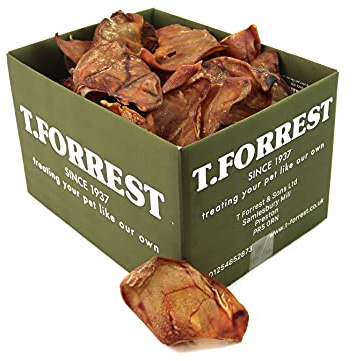 T.Forrest Pigs Ears for Dogs - Natural Dried Pig Ear Chews, Grain Free Pork Dog Treats, High Protein Dental Care, Long, Air Dried in UK, 50 Count Bulk Pack