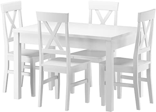 Erst-Holz Massivholz-Essgruppe mit Tisch und 4 Stühlen Kiefer waschweiß 90.70-51 A W-Set 23