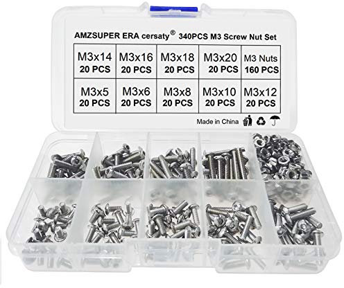 cersaty® 340Pcs M3 Schrauben Muttern Set 304 Edelstahl 9 Arten Sortiment Kit 5mm 6mm 8mm 10mm 12mm 14mm 16mm 18mm 20mm mit Box(Silber)