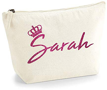 Personalisiert Name Initialen & Königin Krone Kosmetiktasche Damen Schminktasche für Handtasche Makeup Tasche - Glitter oder Flocke Material Druck - Rosa Glitzer - S - Natürlich