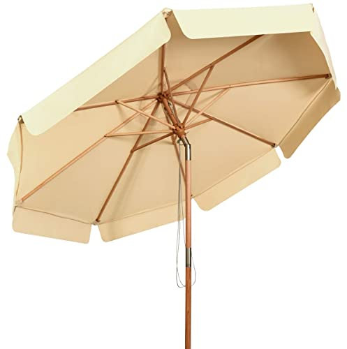 COSTWAY Parasol de Jardin Extérieur, Parasol Inclinable avec Lambrequin, 8 Baleines en Bois Blanc, Protection UV, pour Balcon/Jardin/Terrasse (Beige)