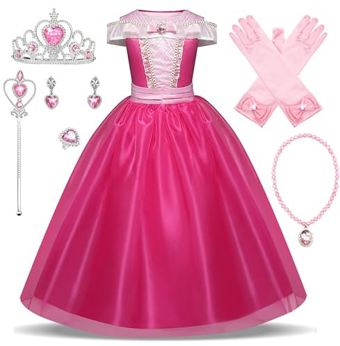 New front Fille La Belle au Bois Dormant Robe de Princesse Aurore Accessoires Baguette Couronne Bague Collier Déguisement Tulle Maxi Noël Carnaval Halloween Cosplay Robe de Soirée, Rose, 140