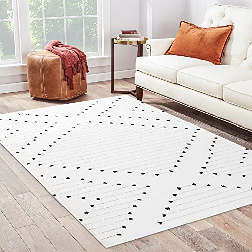 HAOCOO Wohnzimmerteppich, 150 x 200 cm, geometrischer Boho-Teppich, marokkanisch, maschinenwaschbar, schwarz-weiß, Vintage-Teppich, Tribal-Überwurf, Bodenteppich, für Schlafzimmer, Waschküche,