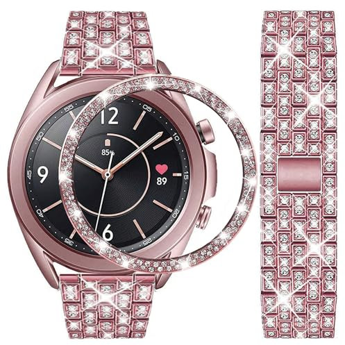 DEALELE Armband Kompatibel mit Samsung Galaxy Watch 3 41mm, 20mm Luxus Diamant Edelstahl Metall Uhrenarmbänder mit Strass Lünette Ring Schutzhülle Ersatz für Damen Herren, Bronze