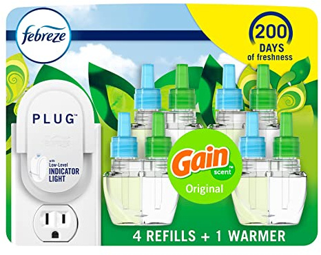 Febreze Plug-In Air Freshener, Odor-Fighting Scented Oil Starter Kit, Air Fresheners for Home, Bathroom and Kitchen, Long Lasting, Gain Original Scent, Warmer + 4 Refill, Multicolor
