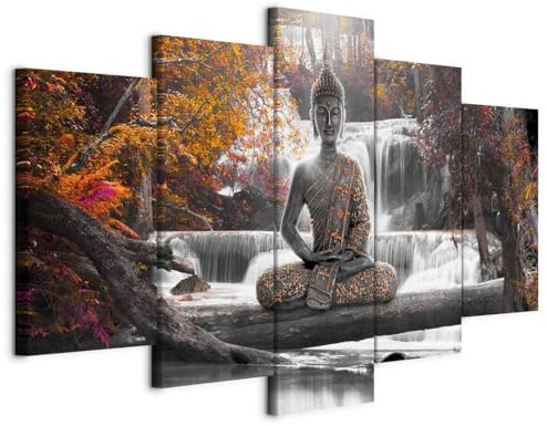 B&D XXL - Leinwandbild Wasserfall Baum Wald, 150x75 cm, 5-teilig, modern | Hochwertige Leinwand, sofort aufhängbar, ideal fürs Wohn- oder Schlafzimmer, wasserfest und lichtecht, langlebig, stilvoll