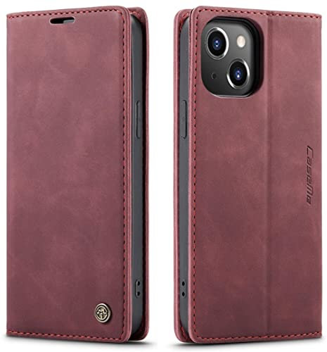 ZOETEC Wallet Case for iPhone 14 PU Leather Flip Magnetic Case With Card Slots/TPU Shell, Anti-Slip & Shockproof (Red)