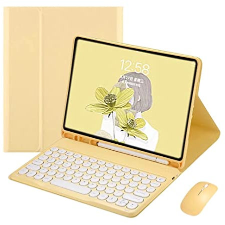 PboyiqiS Keyboard Case for iPad 11th Gen A16 2025/iPad10th Generation 2022 with Mouse, Cute Round Key Magnetically Detachable Keyboard Case with Pencil Holder (Yellow)