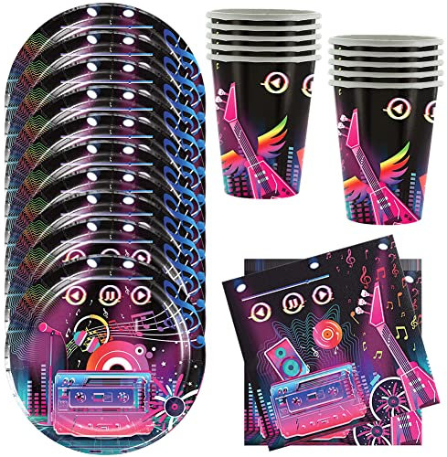 HGSHUO Vaisselle Musique Anniversaire Décorations Vaisselle de Fête d'anniversaire Gobelets Assiettes Serviettes Disco Décorations de Fête Années 80 90