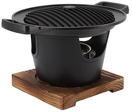 Mini Barbecue Grill Sans Fumée, Barbecue de Style Japonais Grill Rond, Barbecue en Alliage D'aluminium Table à Charbon de Bois D'intérieur avec Base en Bois pour Pique Nique Jardin Balcon Camping