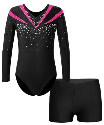 FEESHOW Mädchen Kinder Gymnastikanzug Ballett Gymnastikbody Turntrikot Gymnastikhose Shorts Sport Tanzoutfit Athletic Wettkampf Trainingsanzüge Pink 134-140/9-10 Jahre