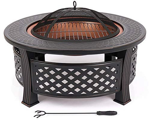 Samnuerly Feuerstellen, Lagerfeuer-Holzfeuerschale mit Funkengitterabdeckung und Kamin-Schürhaken-Grillkamin für Gartenterrassen-Camping