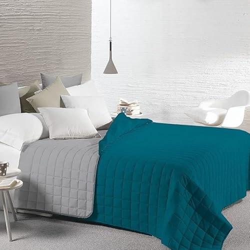 INTRECCI Copriletto Matrimoniale Estivo, Trapunta Estiva Matrimoniale, 260x260 cm, Coperta Estiva, anche Primaverile, Double Face, Moderna, Leggera, Elegante. Colore: Petrolio/Grigio