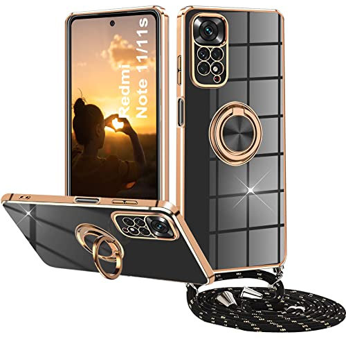 Coque pour Xiaomi Redmi Note 11/ Note 11S avec Collier,Housse Xiaomi Redmi Note 11/ Note 11S avec Cordon Collier,360° Voiture de Bague Magnétique Protection Case Mince en TPU Souple Antichoc